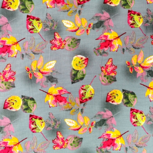 Printed Egyptian Cotton - Cerise and Yellow Autumn Leaves on Grey
